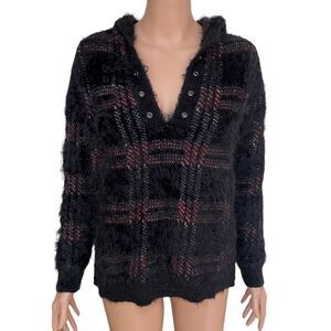 Rock & Republic fuzzy sweater hooded soft long sleeves black red soft plaid S.